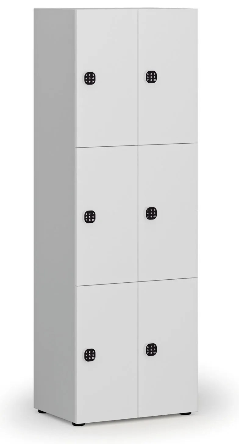 Drevená šatníková skrinka S4 s úložnými boxmi, 6 boxov, demont, kódový zámok, sivá/biela
