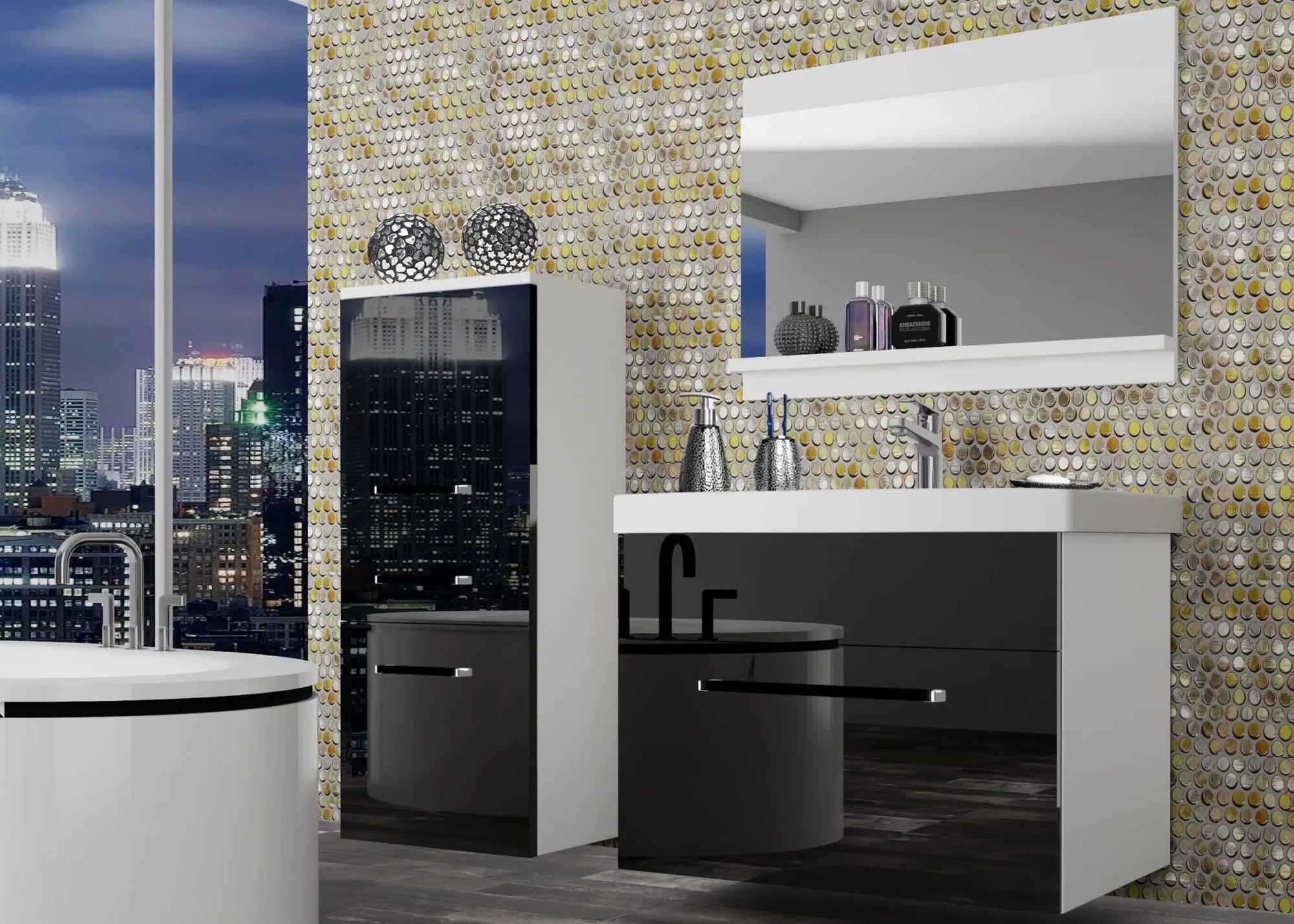 Kúpeľňový nábytok Belini čierny lesk + umývadlo + zrkadlo ROD P 2/0/W/B/0/ZW