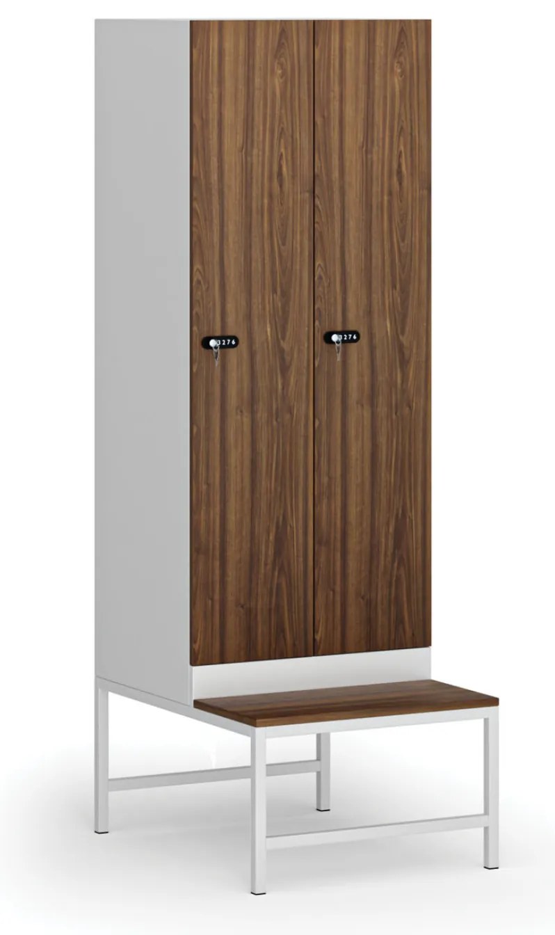 Šatníková skrinka S1 s lavičkou, 2 oddiely, 1875 x 600 x 500/800 mm, demont, mechanický kódový zámok, laminované dvere, orech