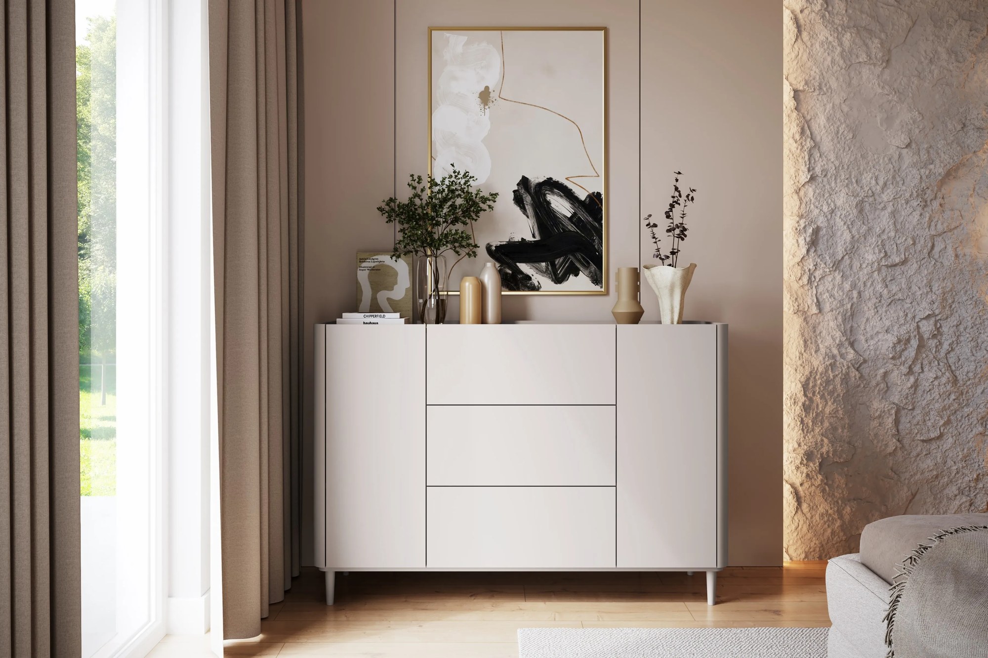 Komoda Elivo 150 cm na nožičkách - kašmírová / dub olejovaný