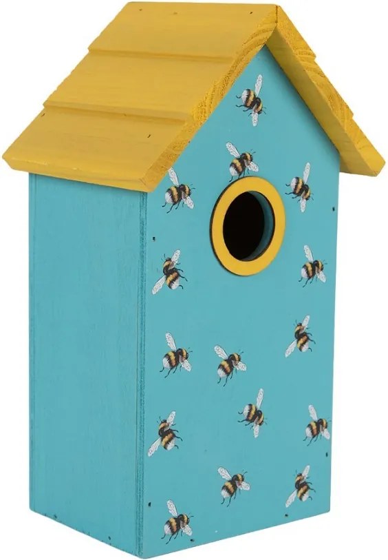 Modro-žltá drevená vtáčia búdka so včielkami Birdhouse - 15*10*22 cm