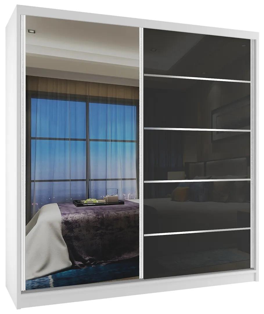 Šatníková skriňa 158cm Belini biely mat / čierny lesk s posuvnými dverami a zrkadlom MG SZP3/2/W/WI/1L5B/HI