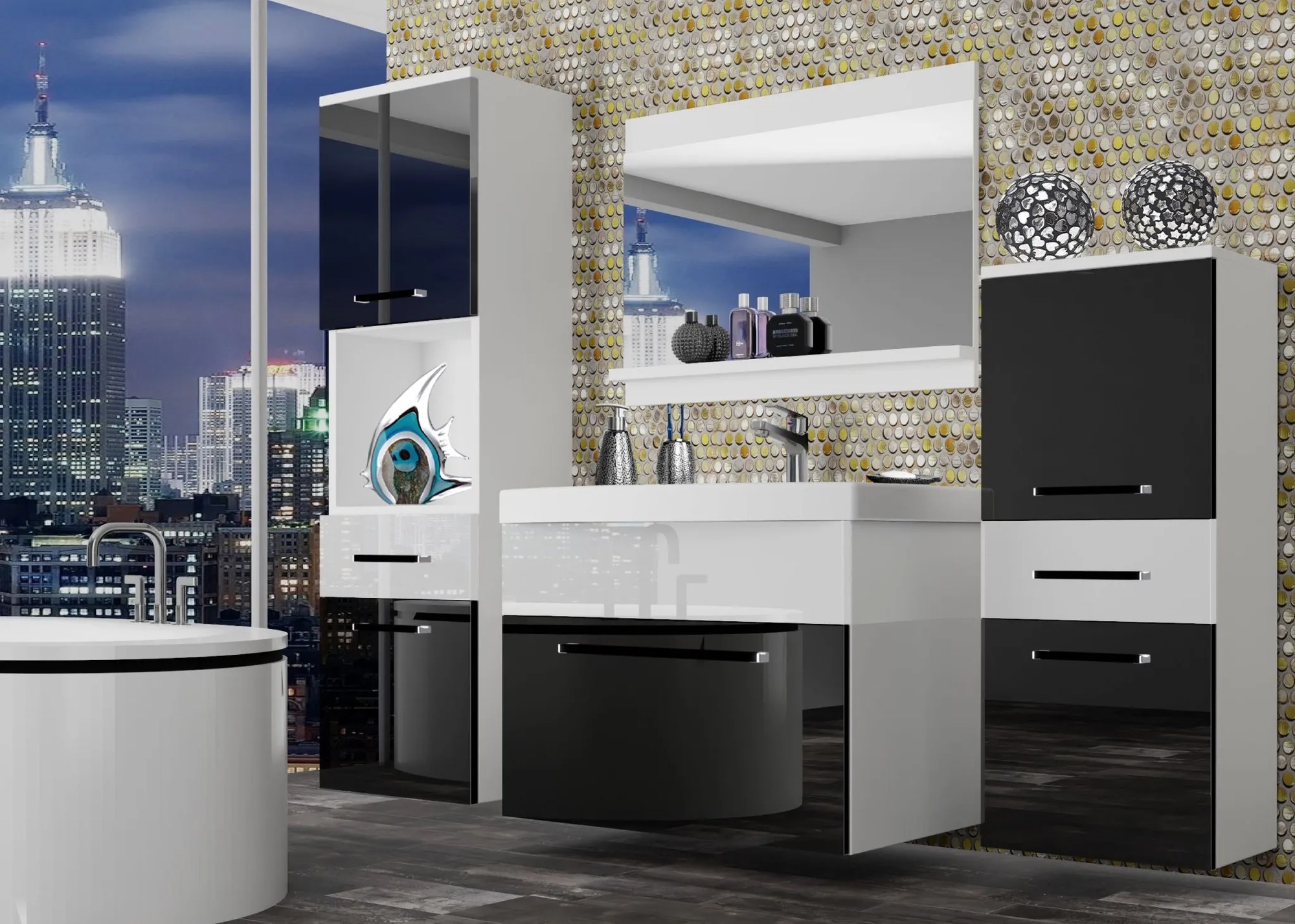 Kúpeľňový nábytok Belini čierny lesk / biely lesk + umývadlo + zrkadlo ROD P 5/0/W/BW/0/ZW