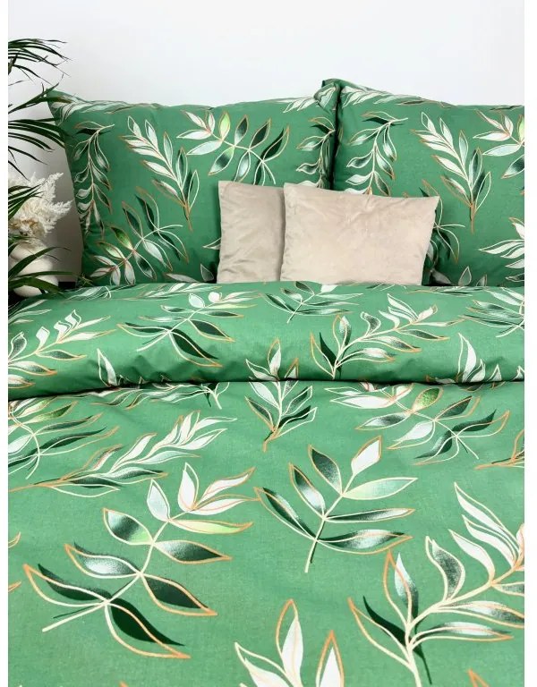 Bavlnené obliečky ZELENÁ OÁZA 140×200 + 70×90 cm – zelený motív s listami a zlatými detailmi, 100 % bavlna