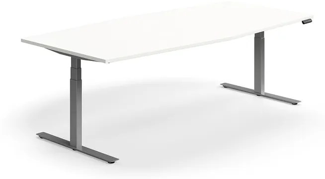 Výškovo nastaviteľný rokovací stôl QBUS, ovál, 2400x1200 mm, strieborný rám, biela