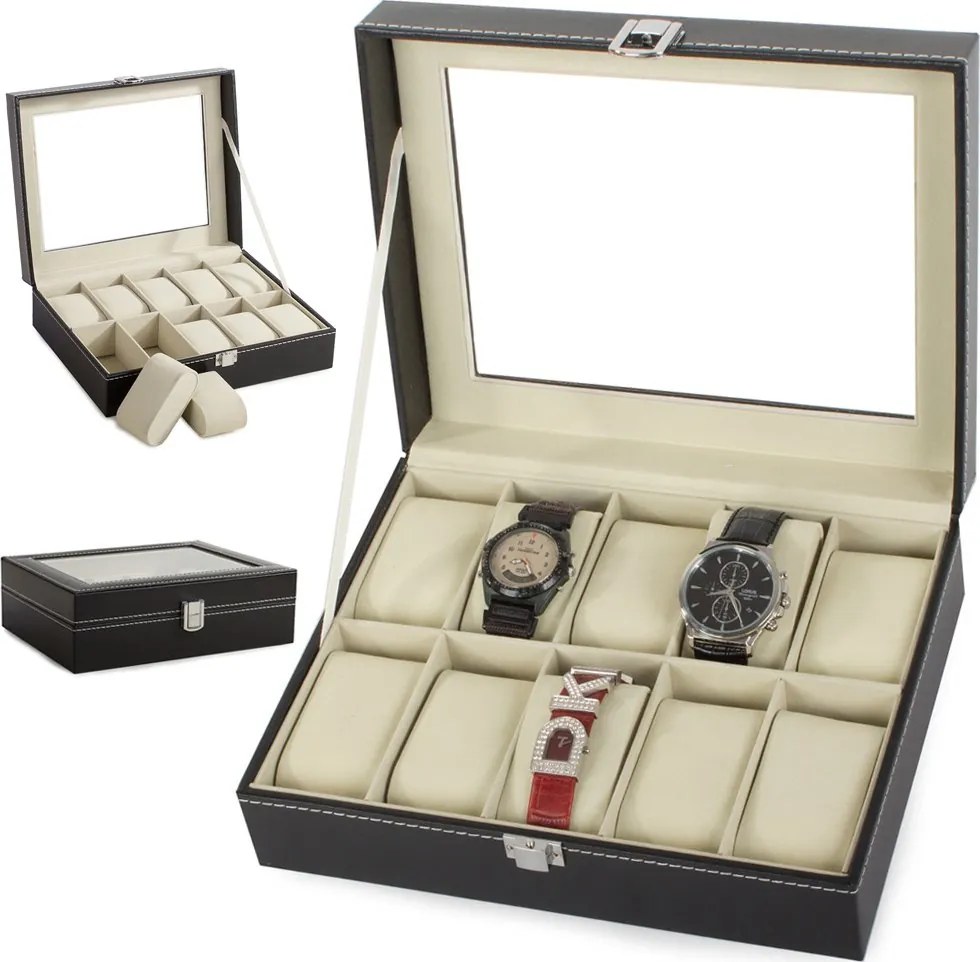 eCarla Organizér na hodinky, box, puzdro na 10ks hodiniek, ekokoža, čierny