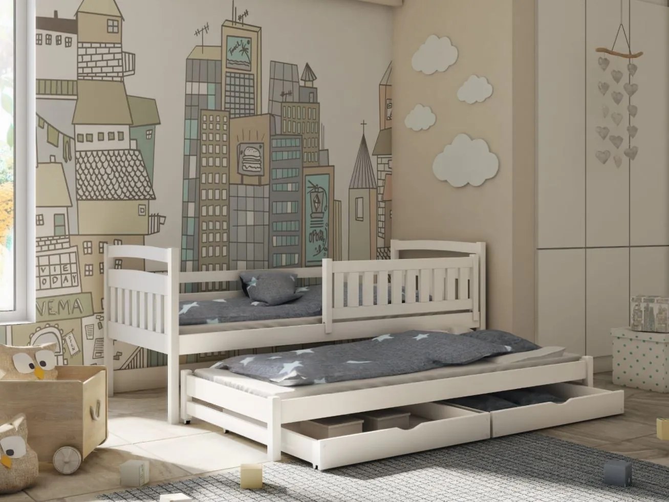 Detská posteľ z masívu borovice GABRIEL s prístelkou a šuplíky - 200x90 cm - biela