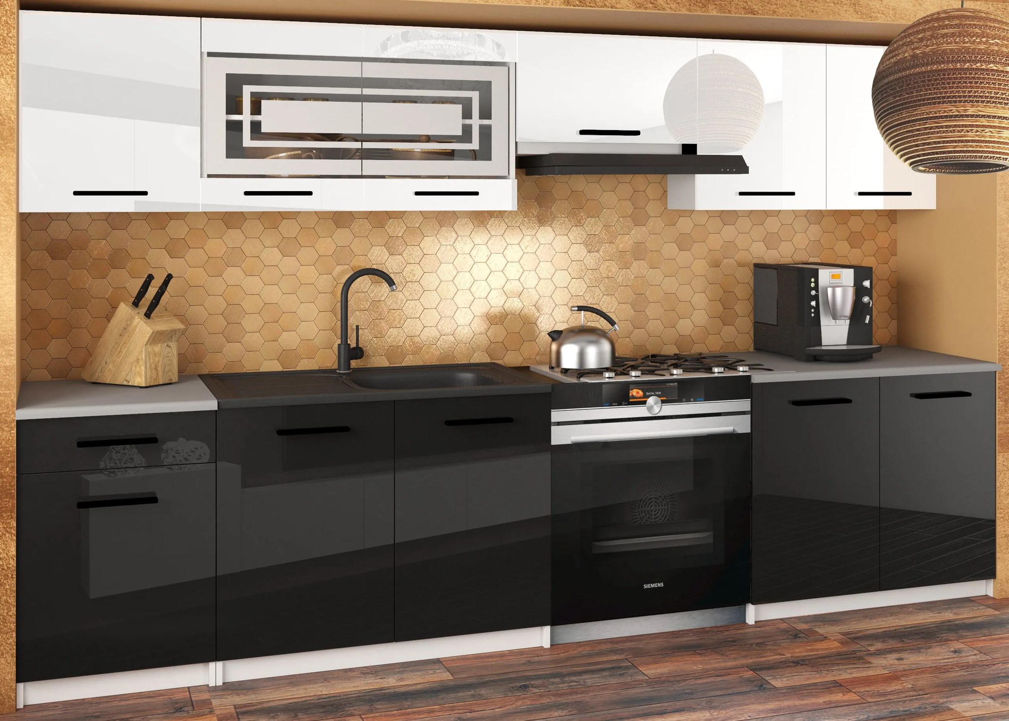 Kuchynská linka JUSTYNA 260 cm biely lesk čierny lesk s pracovnou doskou