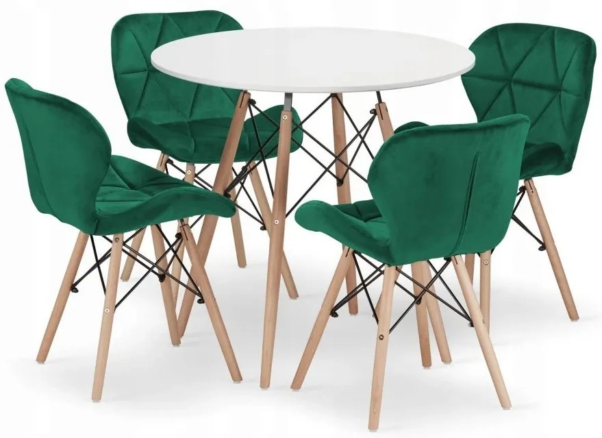 Jedálenská zostava TODI 80cm okrúhly stolový set biely + 4 stoličky LAGO zelené
