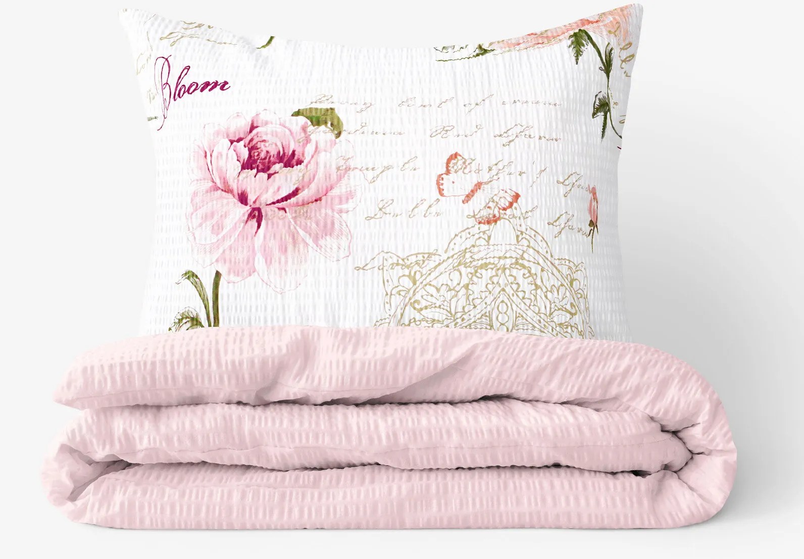 Goldea krepové posteľné obliečky duo - pivonky s textami s púdrovo ružovou 140 x 220 a 70 x 90 cm