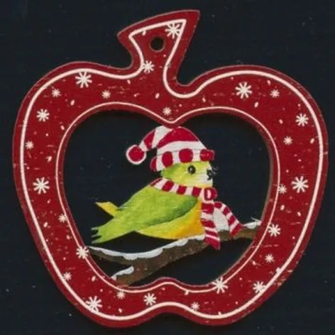 AMADEA Drevená ozdoba farebná jablko s vtáčikom 6 cm