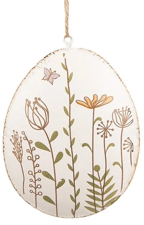 Biele antik plechové závesné vajíčko so zlatými srdiečkami - 8*1*6 cm