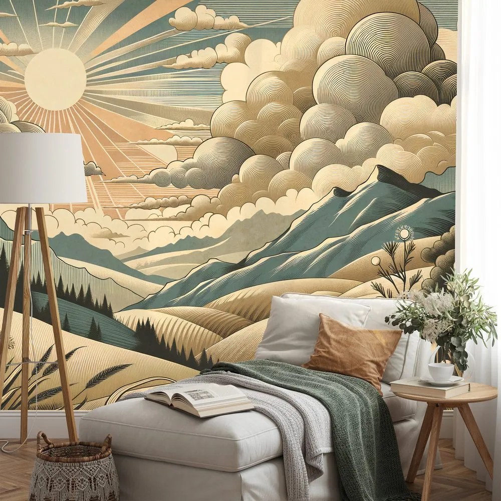 Tapeta retro krajina s horami a slnkom