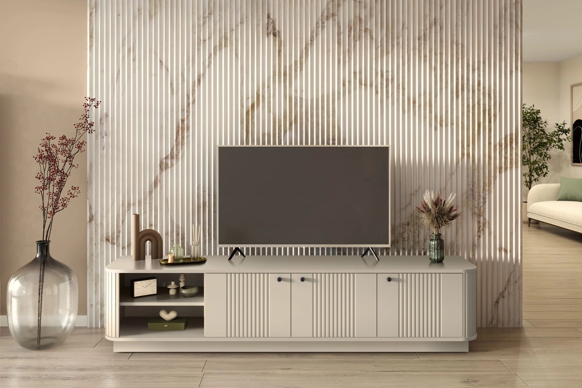 TV skrinka Vesper 3D 187 cm na sokli - kašmír / čierne úchytky