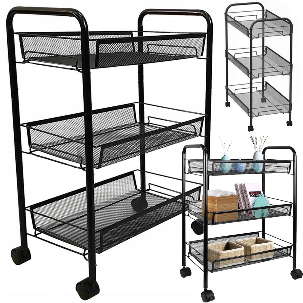 VERK GROUP Mobilný kovový regál s kolieskami, 3 police, čierny kov SHELF