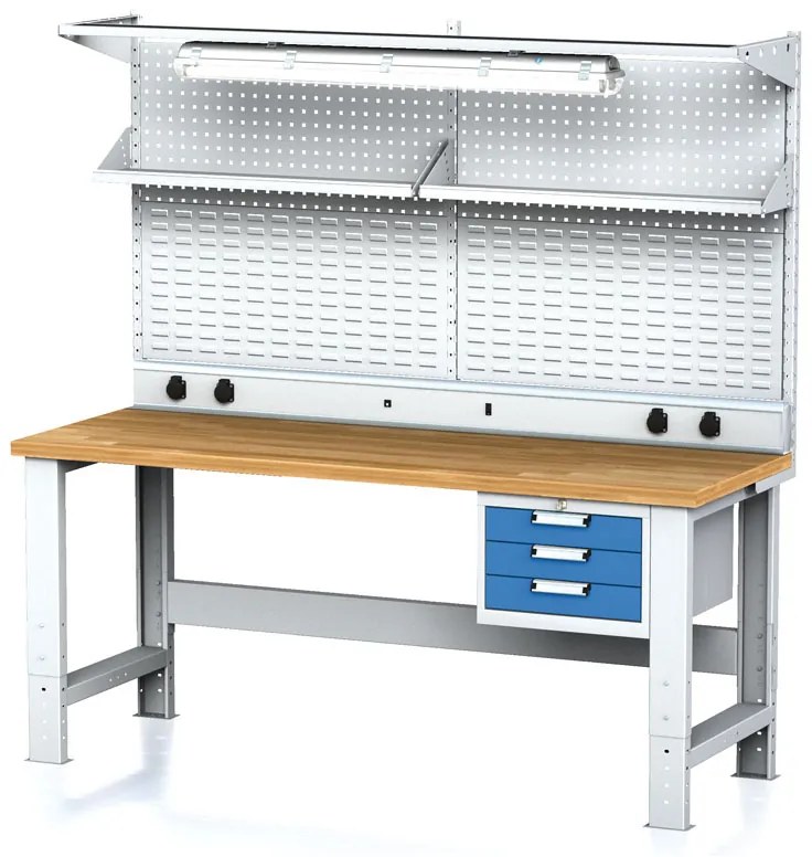Alfa 3 Nastaviteľný dielenský stôl MECHANIC I + závesný box, nadstavba, polica, el. zásuvky a osvetlenie, 3 zásuvky, 2000x685x700-1055 mm, modré