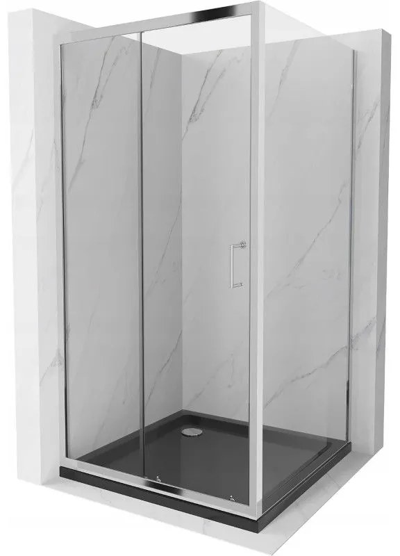 Mexen Apia, sprchový kút s posuvnými dverami 90 (dvere) x 90 (stena) cm, 6mm číre sklo, chrómový profil + čierna sprchová vanička s chrómovým sifónom, 840-090-090-01-00-4070