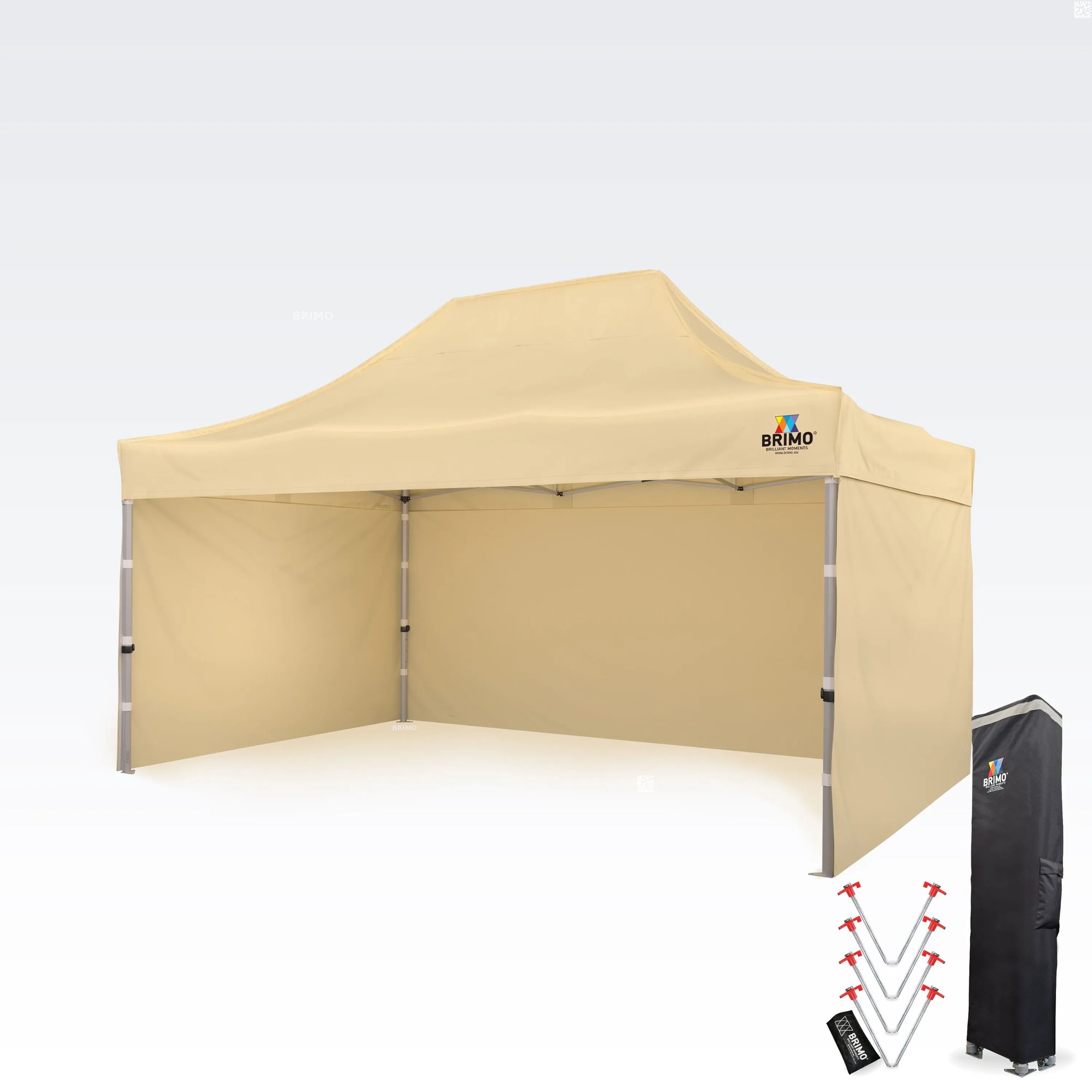 BRIMO Profesionálny promo nožnicový altánok 3x4,5m | Masívny ALU profil 1,8mm - s 3 stenami - Béžová 14