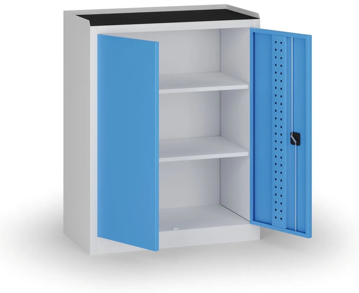 Policová dielenská skriňa 2-dverová, 2 police, 1180 × 950 × 500 mm, modré dvere
