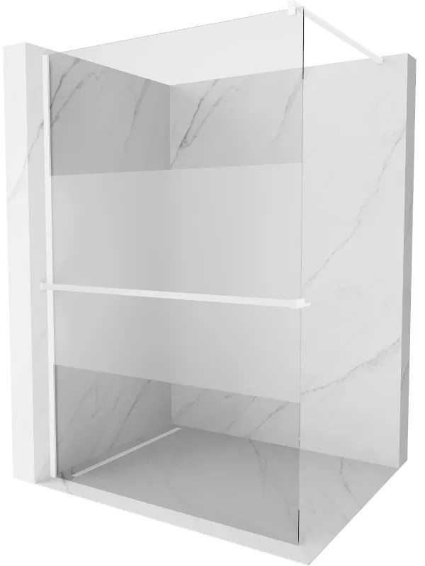 Mexen Kioto+, sprchová zástena Walk-In s poličkou a vešiakom 140 x 200 cm, 8mm číre sklo-námraza, biely profil, 800-140-121-20-35