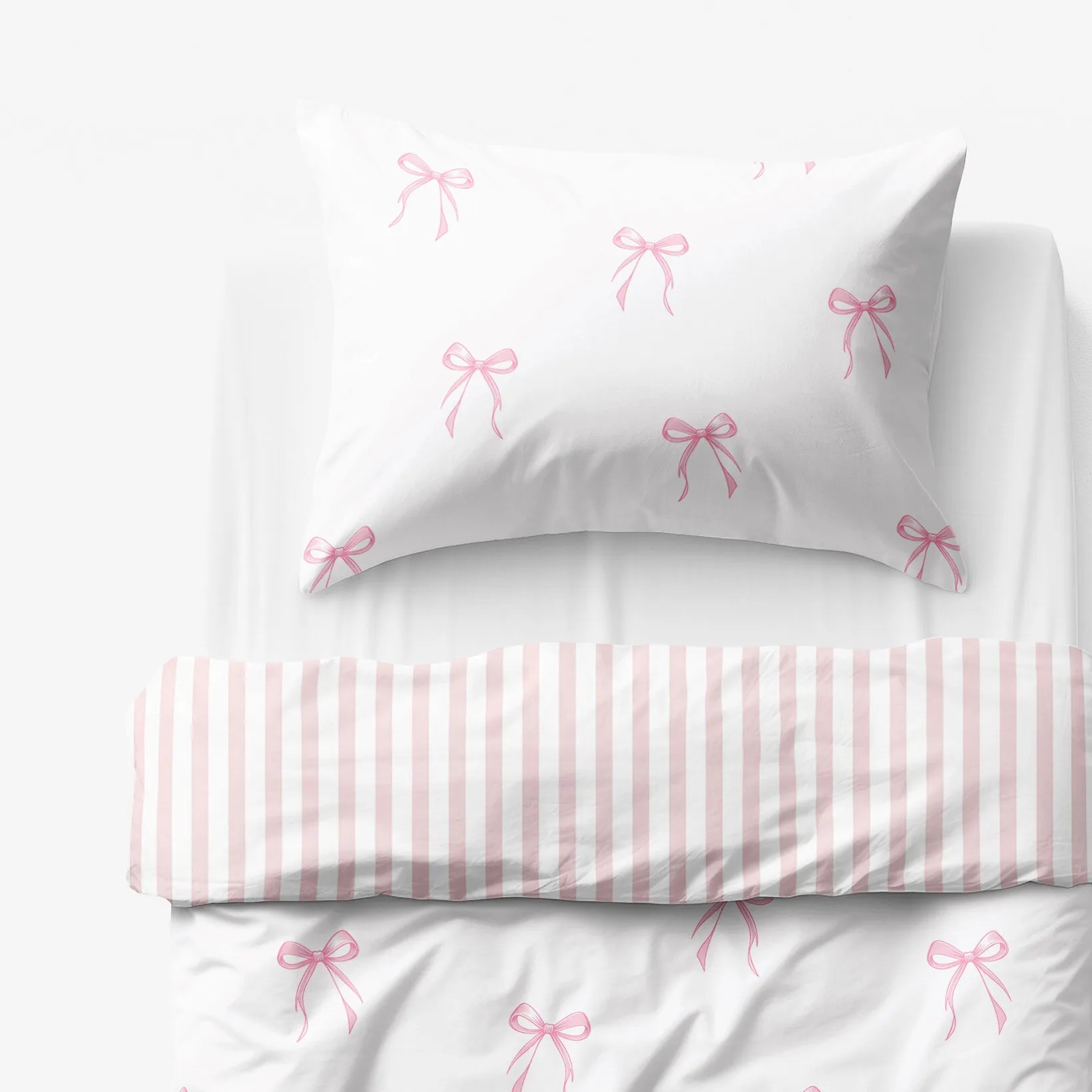 Goldea detské bavlnené obliečky - ružové mašličky s prúžkami 140 x 200 a 70 x 90 cm