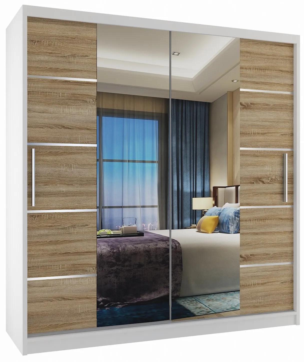 Šatníková skriňa 158 cm Belini biely mat / dub sonoma s posunými dverami zrkadlom a zásuvkami ME SZP7/0/W/DS/0/KLAL