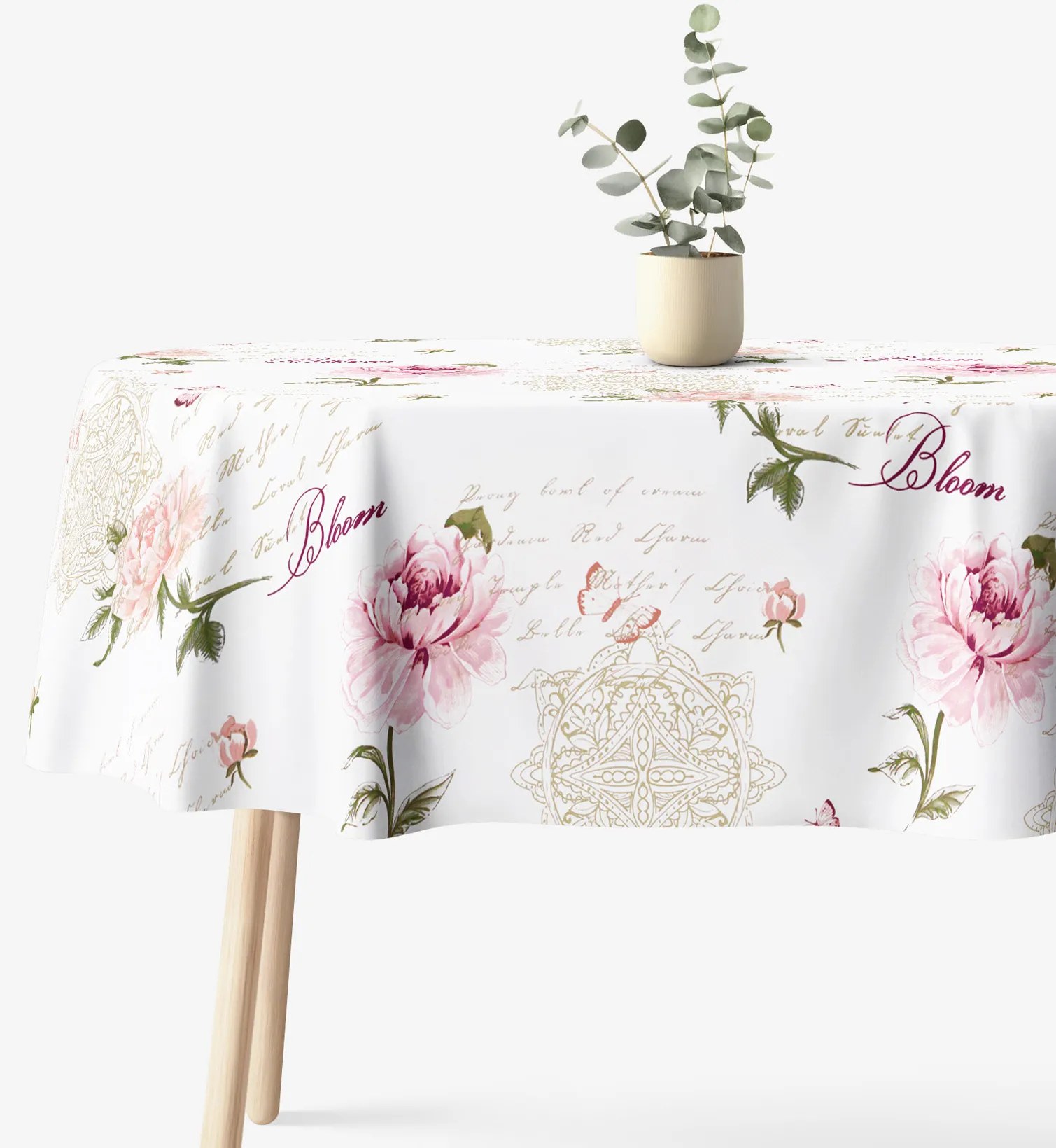 Goldea oválny obrus 100% bavlnené plátno - pivonky s textami 120 x 160 cm