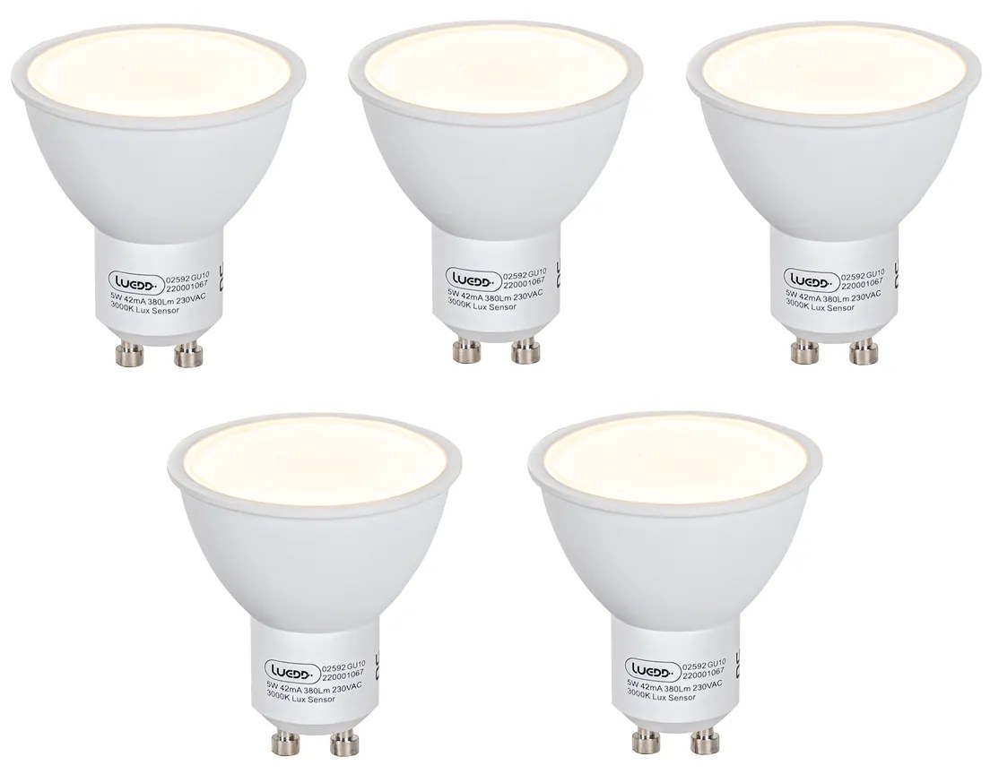 Sada 5 LED žiaroviek GU10 so senzorom súmraku 5W 380lm 3000K