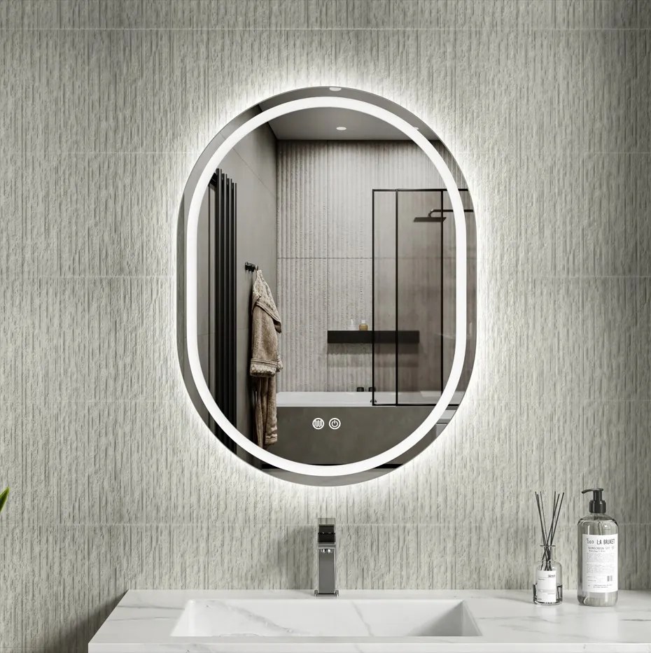 Erga Lyra, oválne LED zrkadlo 60x80cm, 3 farby svetla, predné a zadné osvetlenie, vyhrievacia podložka proti zapareniu, ERG-V01-LYRA-6080-CL