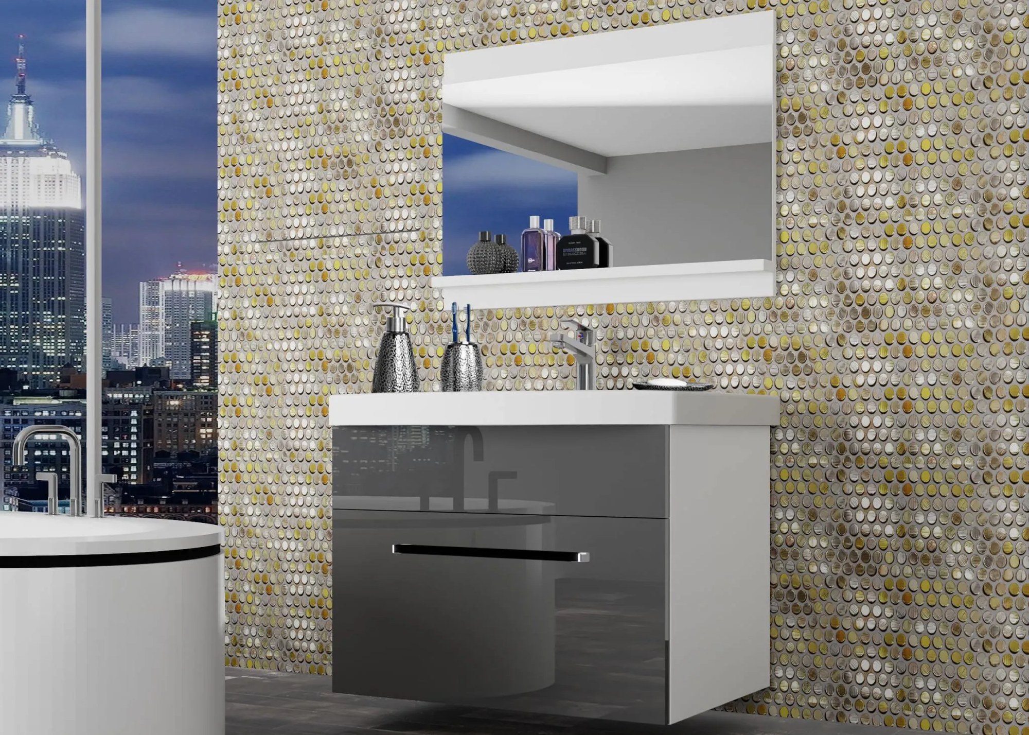 Kúpeľňový nábytok Belini šedý lesk + umývadlo + zrkadlo ROD P 1/0/W/S/0/ZW