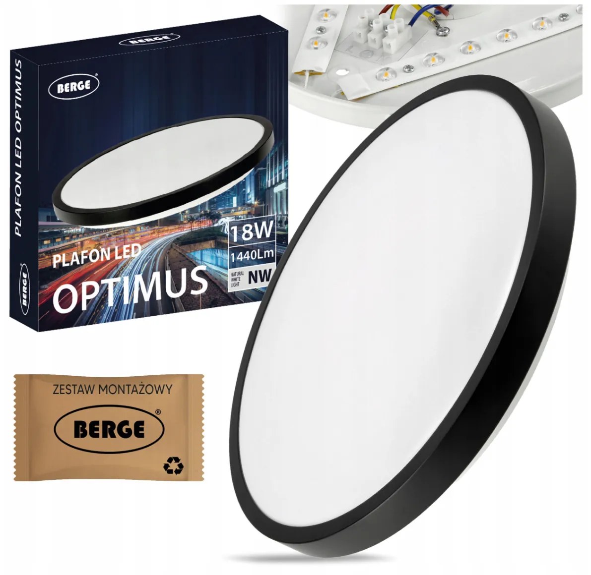 BERGE Prisadený LED stropný panel 18W 1440lm Okrúhly čierny NW