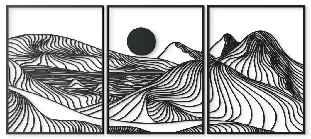 drevko 3-dielny lineart obraz Hory a slnko Rozmer obrazu: 52 x 120 cm, Farba dekorácie: Čierna