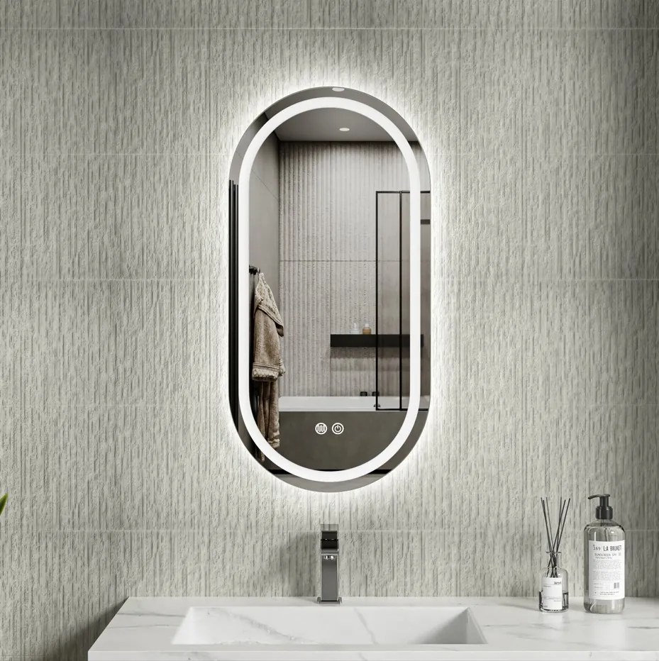 Erga Lyra, oválne LED zrkadlo 40x80cm, 3 farby svetla, predné a zadné osvetlenie, vyhrievacia podložka proti zapareniu, ERG-V01-LYRA-4080-CL