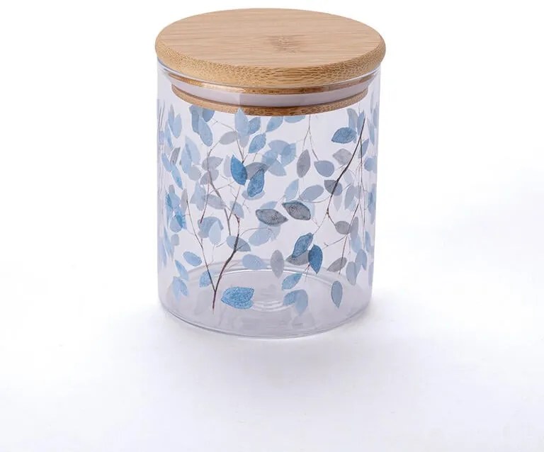 Sklenená dóza s bambusovým vekom MODRÉ KVETY 440 ml