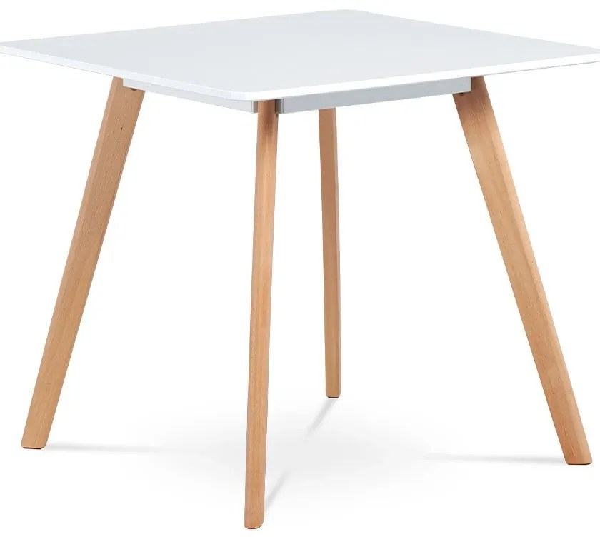 Jídelní stůl 80x80 cm, MDF, bílý matný lak, masiv buk, přírodní odstín