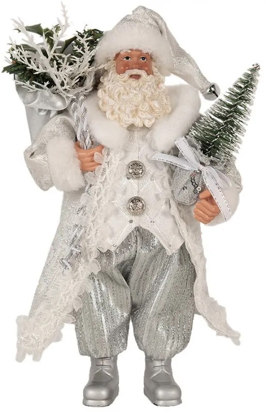 Vianočné dekorácie otec Santa Claus v kabátiku s darčekmi a stromčekom - 16*10*27 cm
