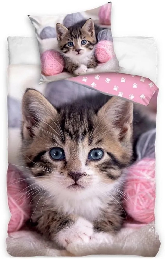 Bavlnené posteľné obliečky Mačiatko s klbkami - 100% bavlna Renforcé - 70x90 cm + 140x200 cm