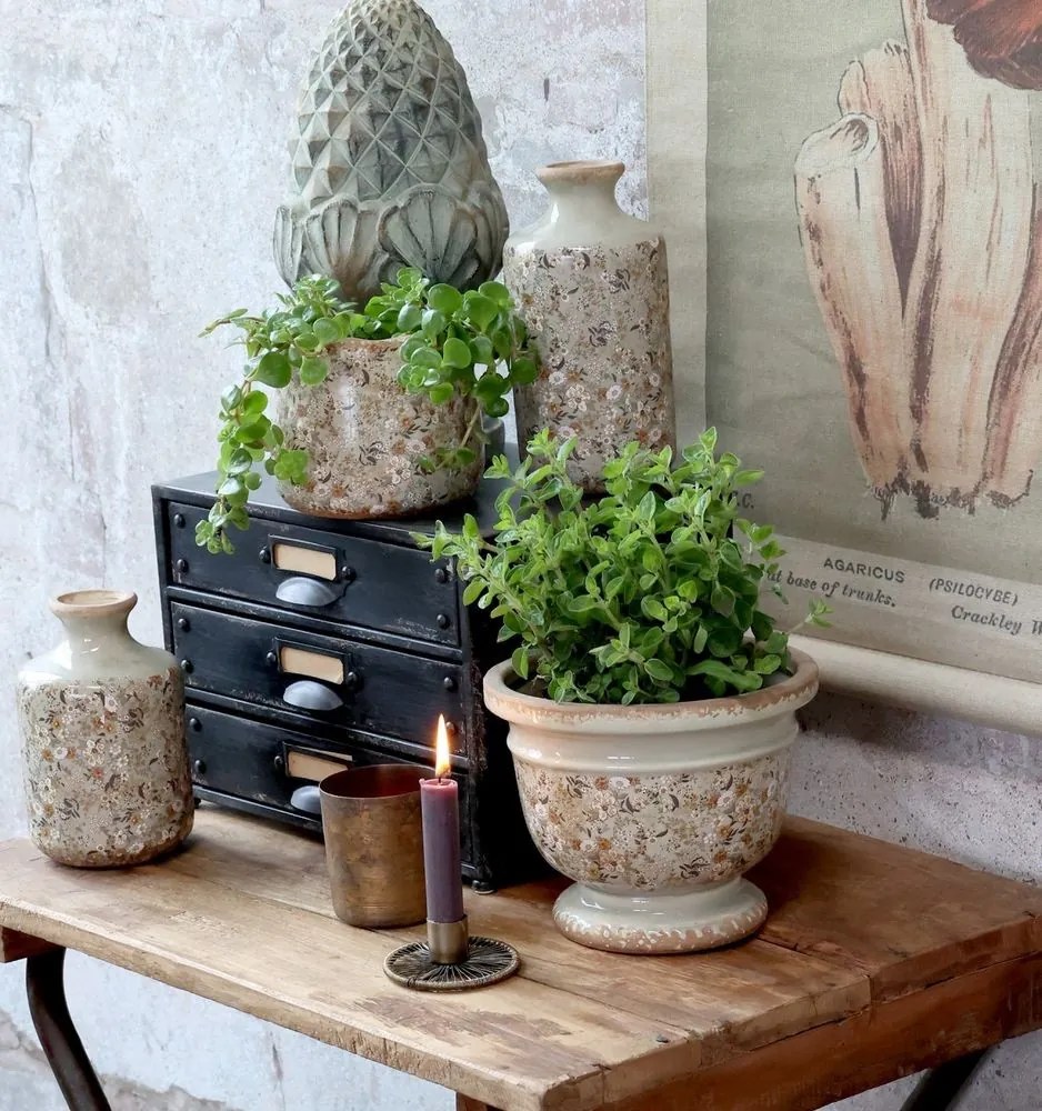 Zelená keramická dekoračná váza s kvietkami Florals Evry - Ø 10*21cm