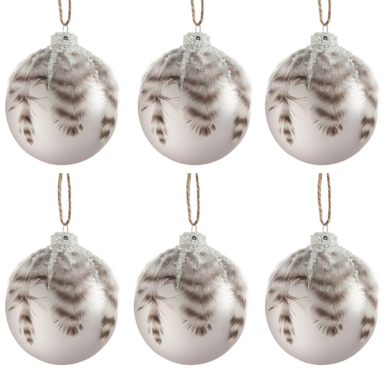 6ks vianočné šedá antk sklenená ozdoba s pierkami - Ø 10 cm