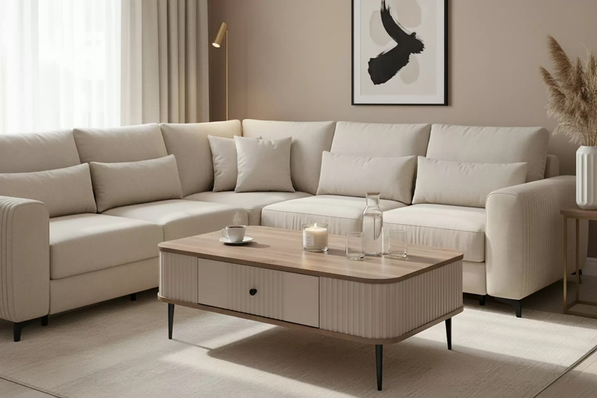 Konferenčný stolík so zásuvkou Vesper 103x60 cm - kašmír / orech / čierne nohy