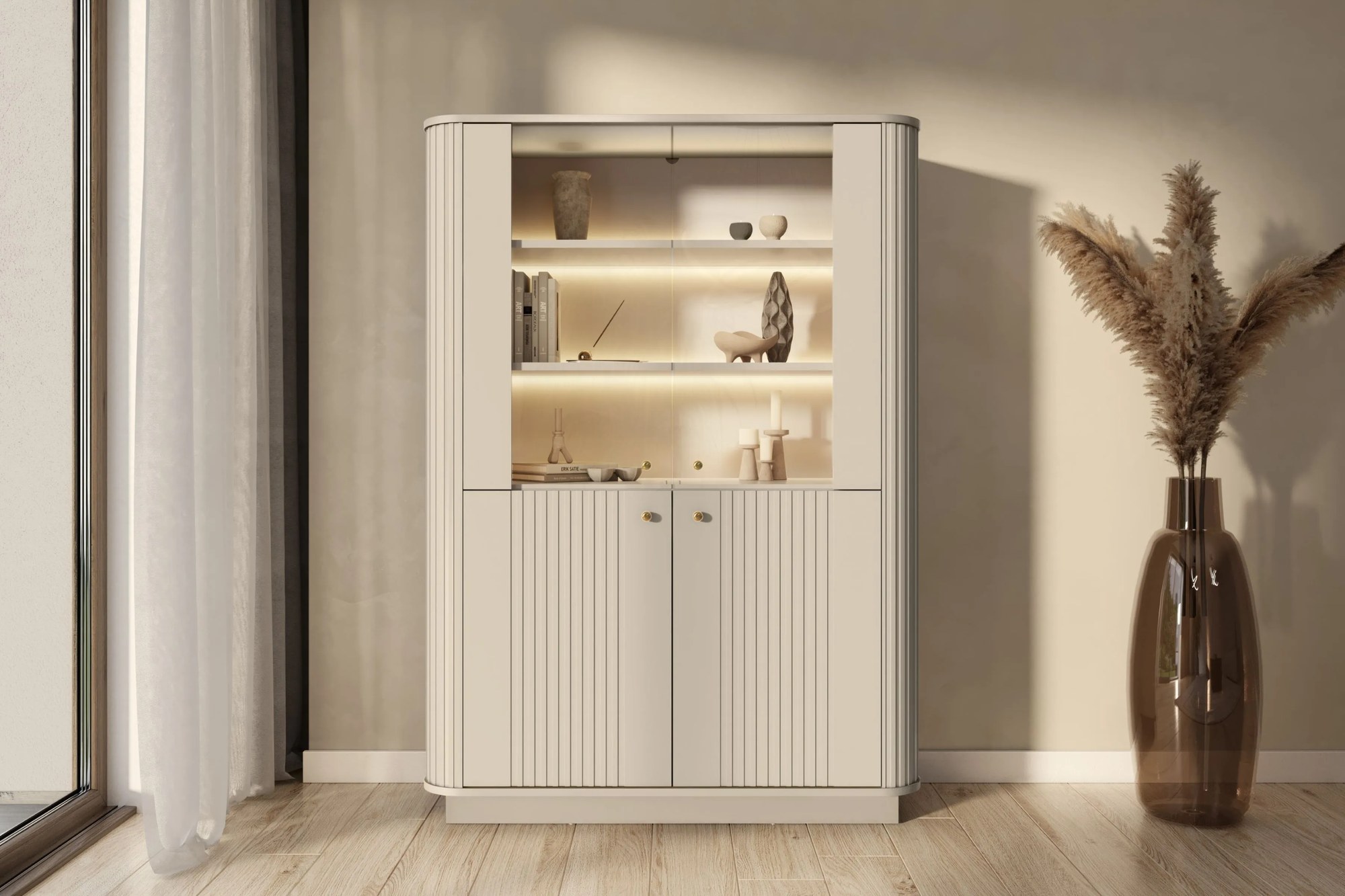 Vitrína Vesper 103 cm na sokli - kašmírová / zlatá