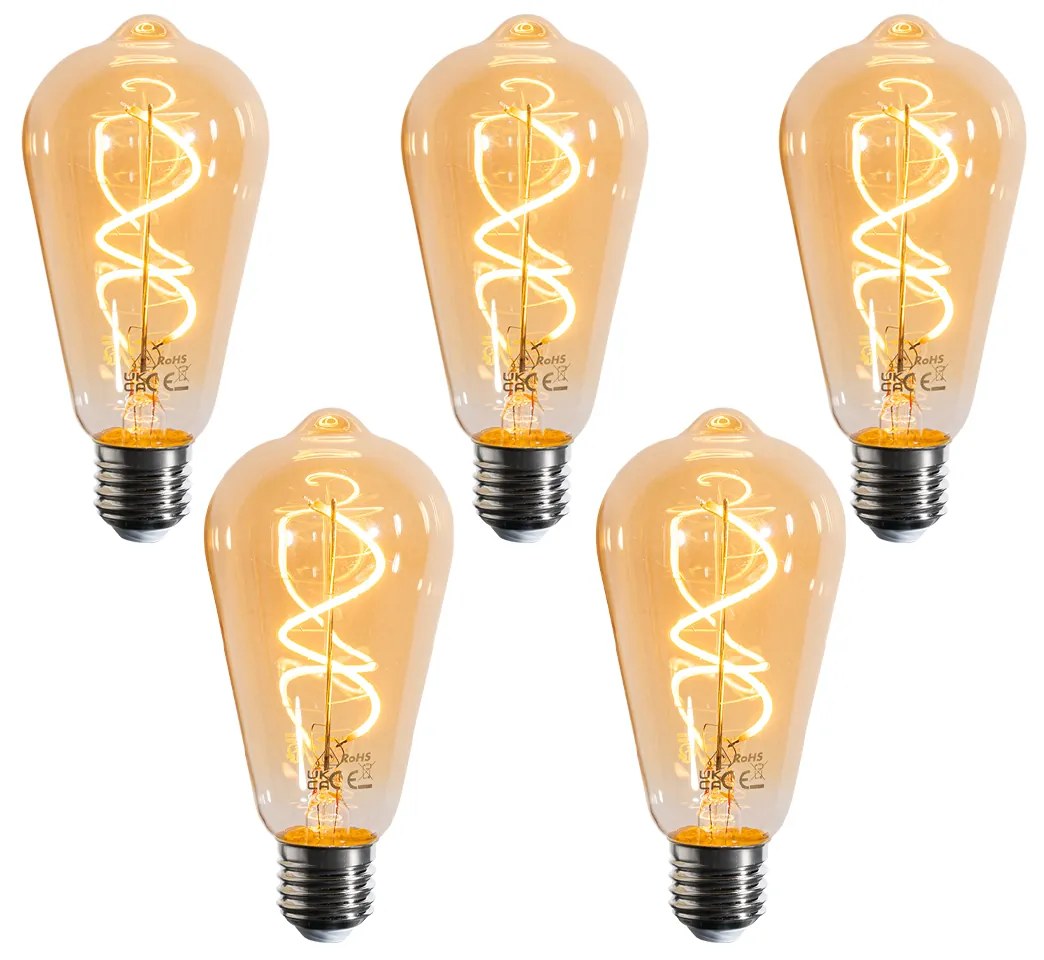 Sada 5 stmievateľných LED žiaroviek E27 so špirálovým vláknom ST64 zlatá 4W 270 lm 2100K