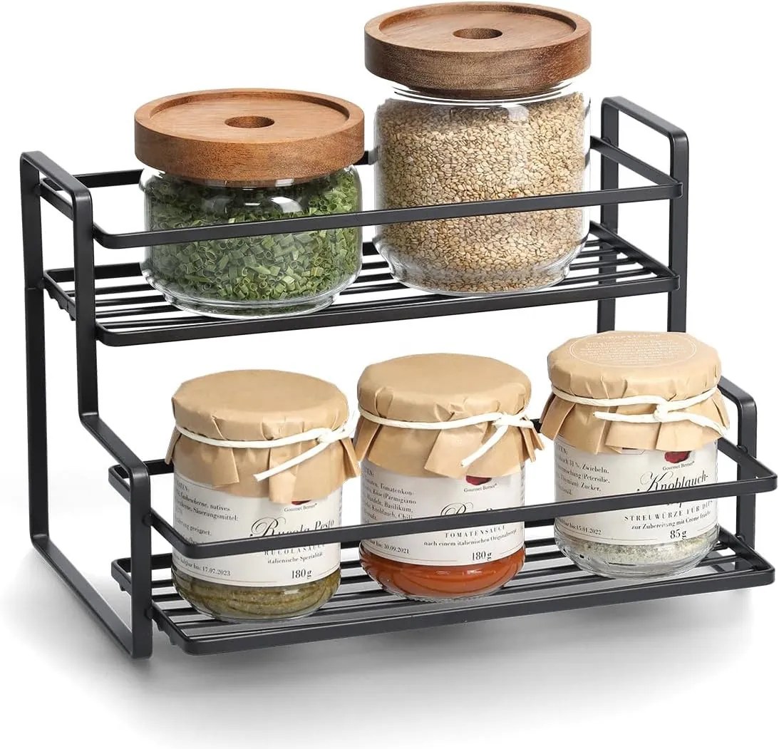 Polica na korenie, 2-poschodová, čierna RACK, 26 × 20 × 17