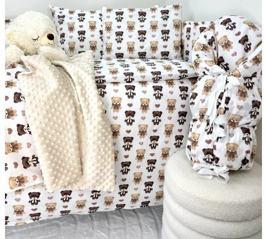 Sada do postieľky 5v1 Hnedý Macko – bavlna & krémová minky