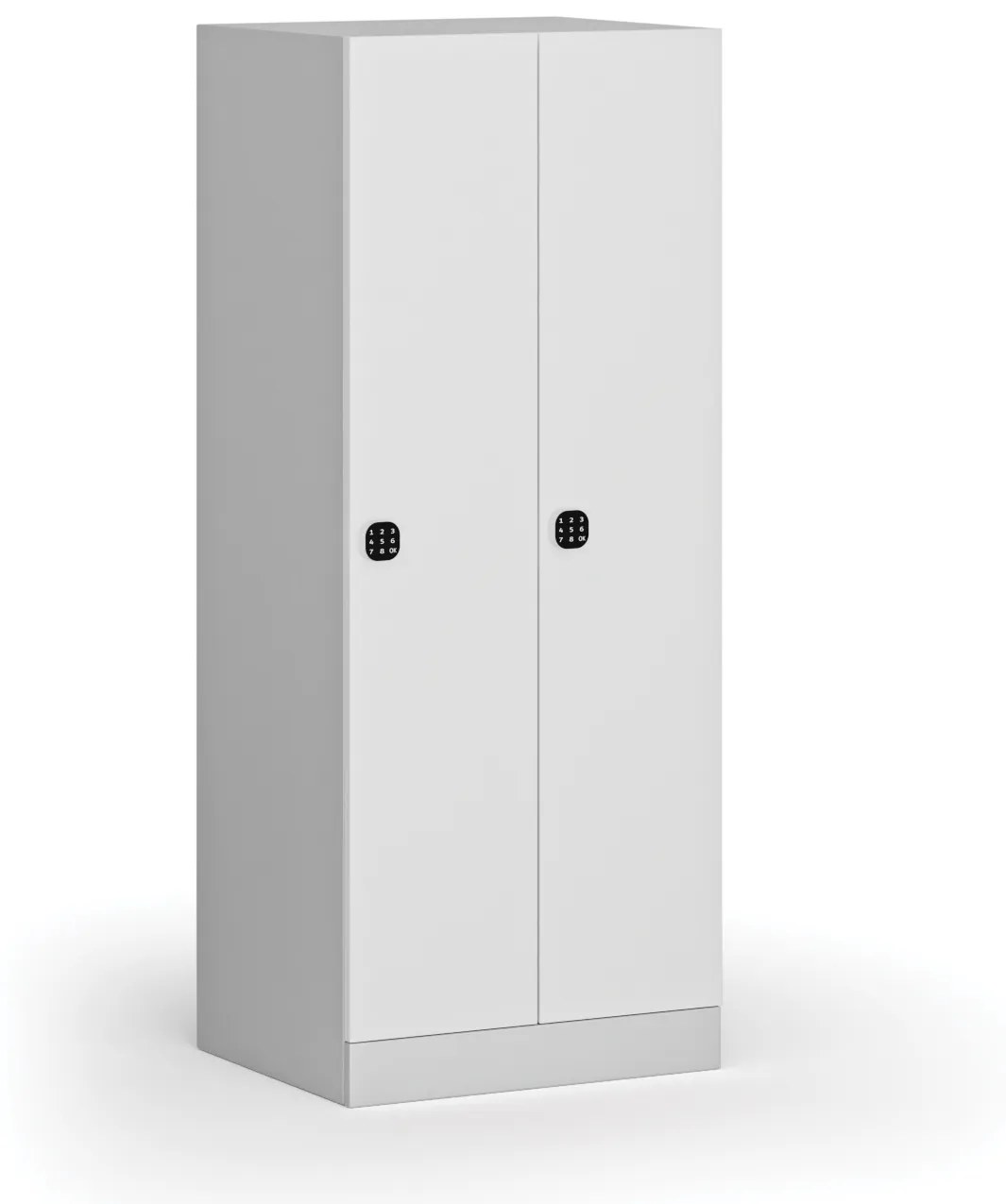 Šatníková skrinka znížená, 2 oddiely, 1500 x 600 x 500 mm, kódový zámok, laminované dvere, biela