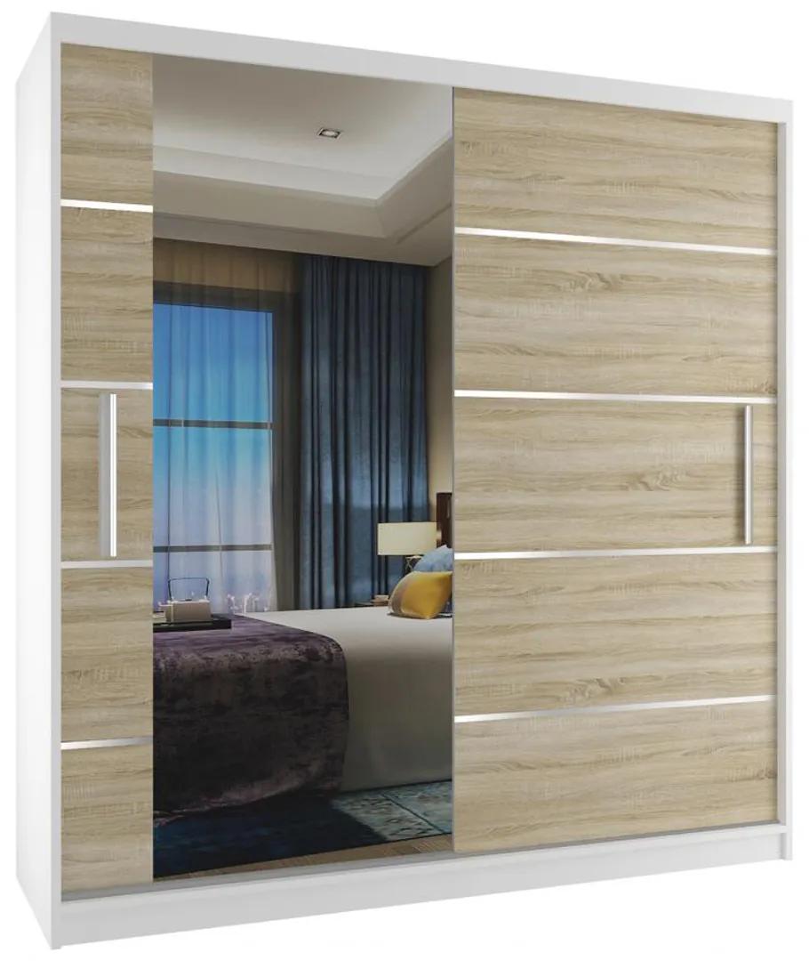 Šatníková skriňa 158cm Belini biely mat / dub sonoma s posuvnými dverami a zrkadlom MBP SZP3/2/W/DS/0/AL
