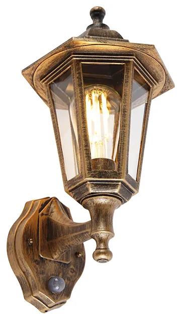 Klasické vonkajšie nástenné svietidlo starožitné zlato s pohybovým senzorom - New Haven