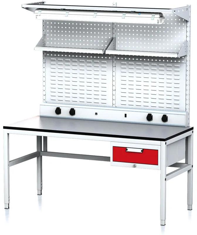 Alfa 3 Nastaviteľný dielenský stôl MECHANIC II, perfopanel, police, osvetlenie, 1 zásuvkový box na náradie, 1600x700x745-985 mm, sivá/červená