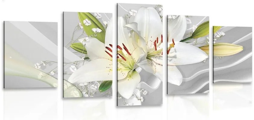 5-dielny obraz biela ľalia na zaujímavom pozadí