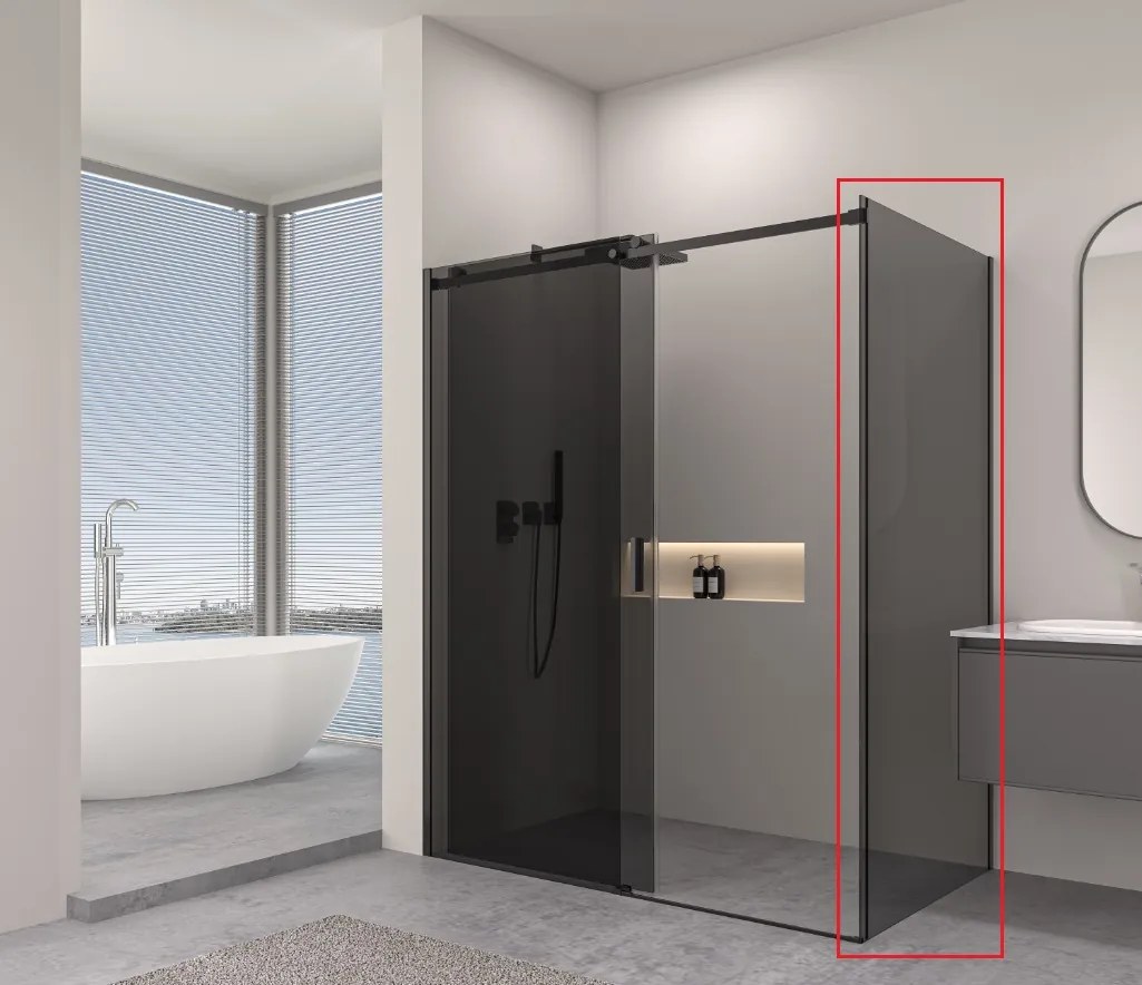 Erga Lynn, pevná stena pre sprchový kút 110x195 cm, 8mm šedé sklo, čierny profil, ERG-V02-LYNN-G110-GR-BK